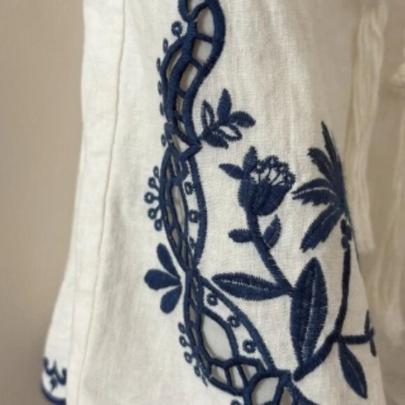 Caroline Constas Linen Blend Romper Embroidered Scallop Design Tie Waist Blue S - Picture 4 of 7